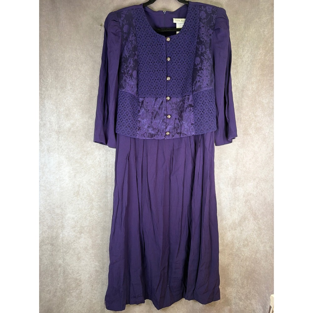 Vintage 90s Lady Dorby Dress Womens 18W Purple Crochet Floral Mixed Media Midi